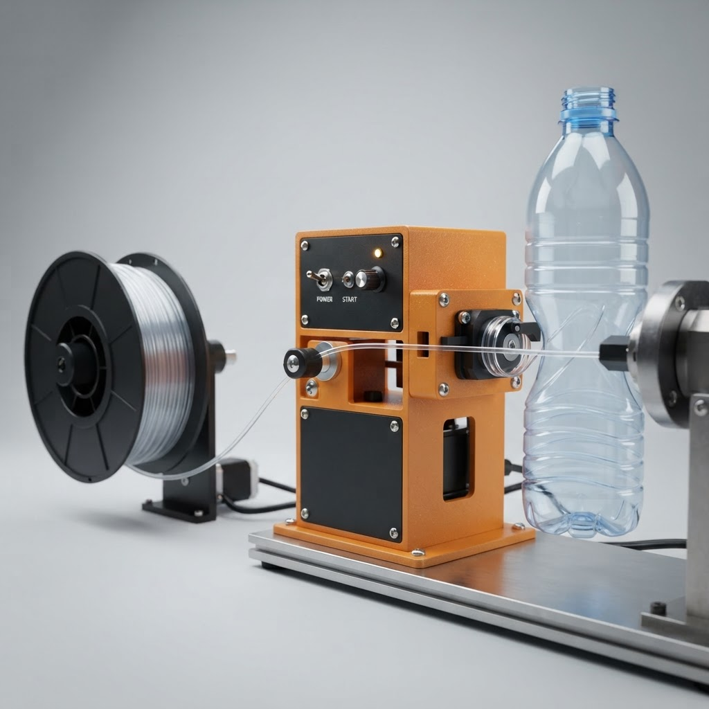 A clear PET bottle being spiral-cut by an orange and black machine into a strand of filament winding onto a spool